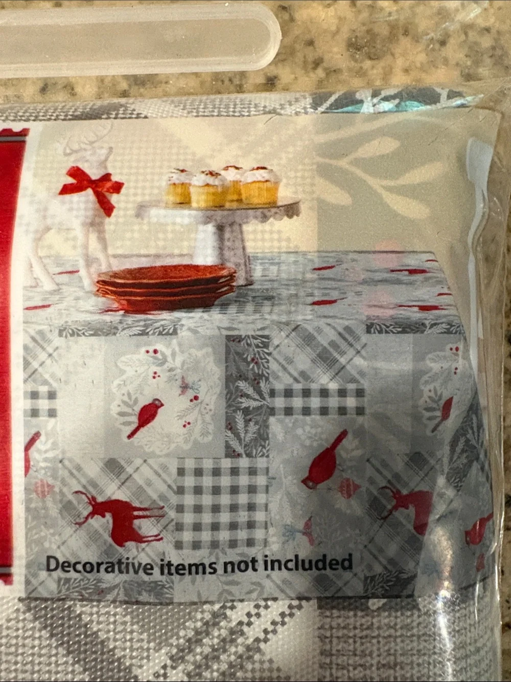 Holiday Time Gray and Red Vinyl Tablecloth - Plaid & Cardinal Design 52x70in